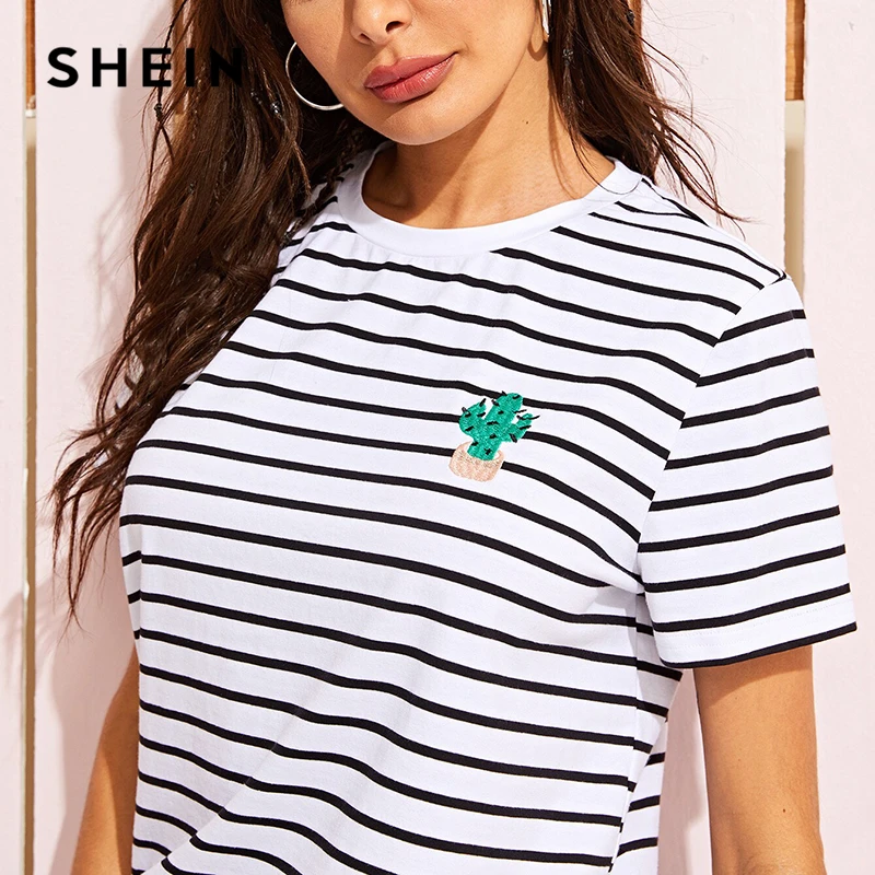 SHEIN, полосатая футболка с вышивкой кактуса, женская одежда, летняя футболка, Повседневные базовые черно-белые топы с коротким рукавом