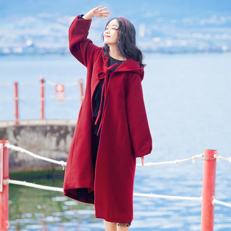 YOSIMI осень зима женское длинное шерстяное пальто красное пальто с капюшоном пальто Макси длинное шерстяное пальто Женская куртка длинное женское пальто