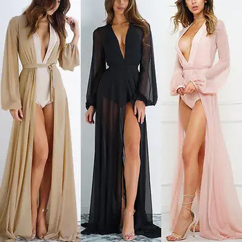 

Women See Through Beach Long Maxi Dress Bathing Shirt Sexy Ladies Mesh Dresses Beach Long Sleeve Clothing Hot Sale Drop Shipping