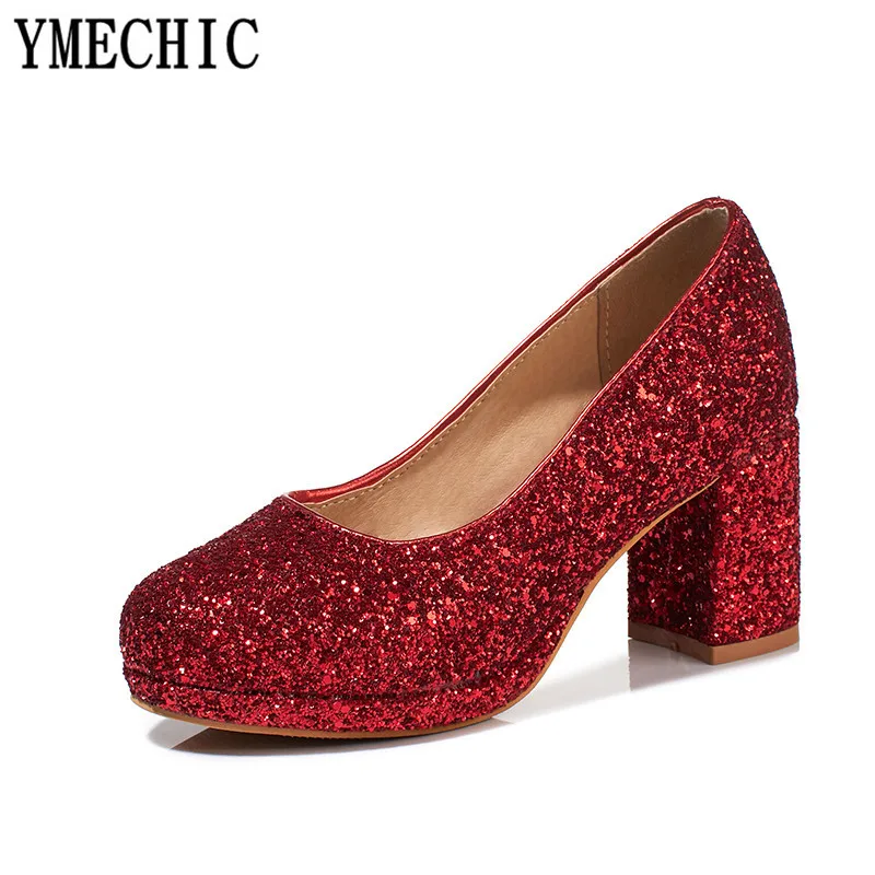 YMECHIC 2018 модные блестящие туфли лодочки без застежек на массивном высоком каблуке