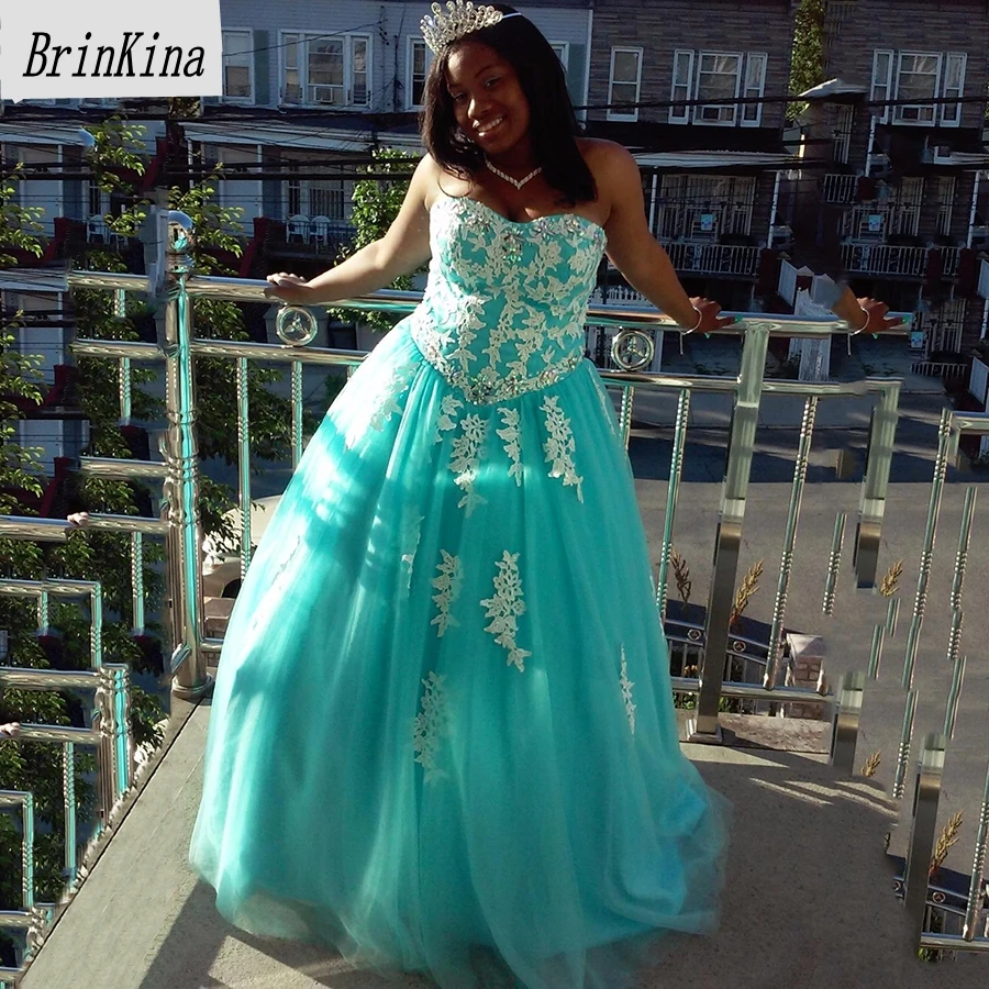 Brinkina/милое бальное платье без бретелек Vestidos de Quinceanera Аква фатиновое белое