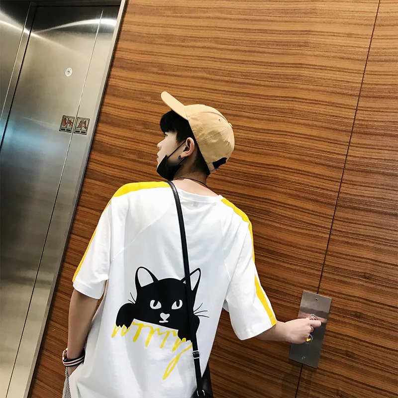 

Back Printed T Shirt Men Fashions Oversized Side Striped Half Long Sleeve Casual Streetwear Loose 100 Cotton Korean Style Tshirt