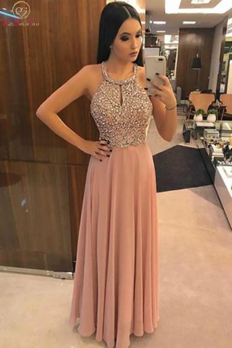 

Sexy Halt Neck Prom Dresses 2019 New Arrive Chiffon A Line Floor Length Long Formal Party Backless Elegant Crystal Evening Gowns