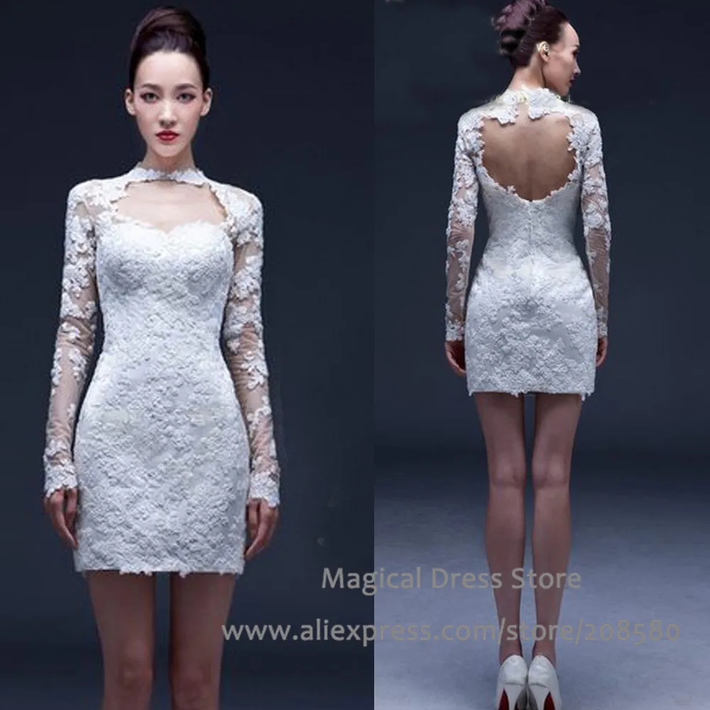 Aliexpress.com Comprar Corea del blanco de la envoltura Backless Dress Mini manga larga de encaje cortos vestidos de novia 2016 Appliques Hochzeitskleid
