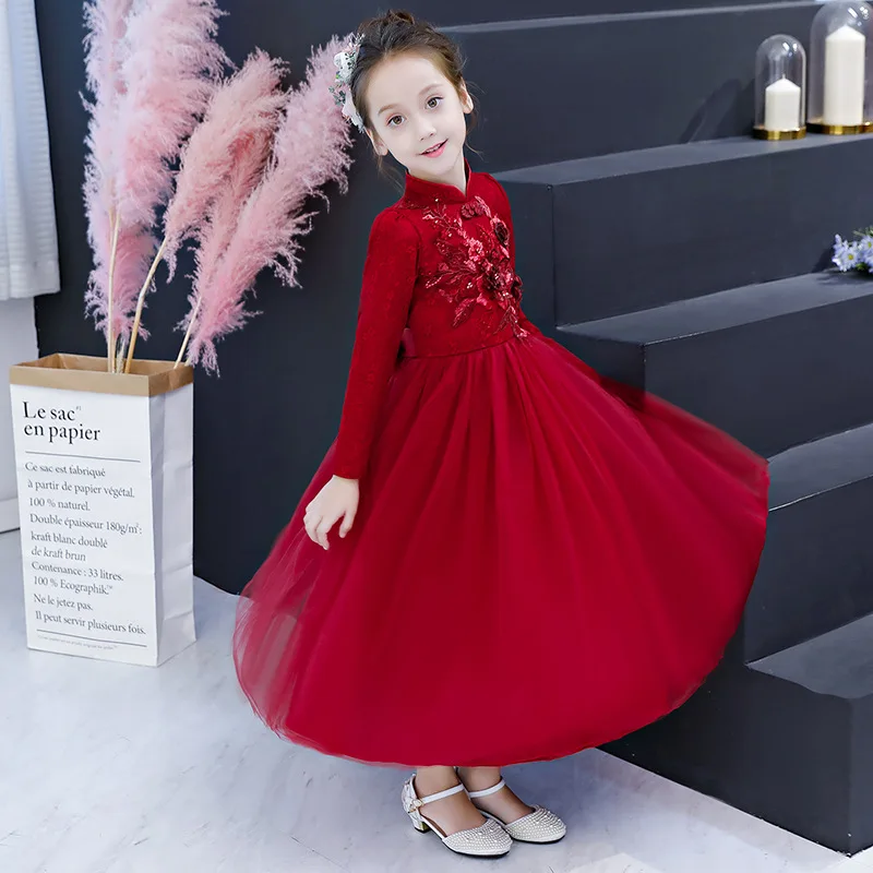 

High-End Children's Dresses Girl Long Sleeve Lace Dress Elegant Piano Performance Princess Dress Cheongsam Chinese Qipao