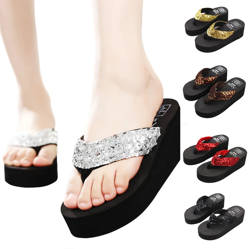 

Puimentiua Women EVA Sequins Beach Slippers Flip Flops Sandals Casual Women Wedges Platform Slippers Zapatos Mujer Slides Femme