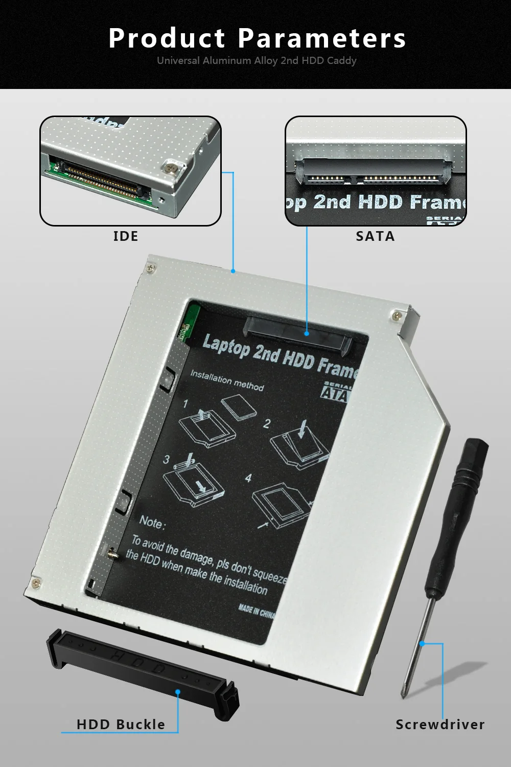 Sunvalley 12,7 мм Универсальный алюминиевый сплав 2nd HDD Caddy IDE to SATA 2," HDD SSD чехол DVD/CD-ROM Оптический отсек для ноутбука