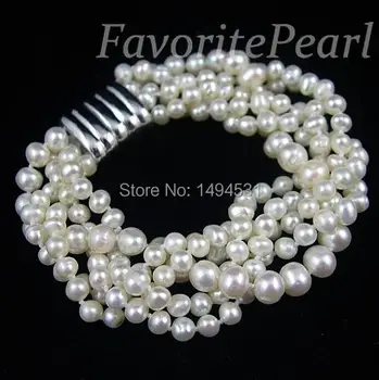 

Wedding Pearl Jewelry - Five Rows 5.0-7.0mm 7.5 Inches White Color Natural Freshwater Pearl Bracelet - Handmade Jewelry