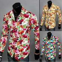 Полный Цветы Для мужчин одежда с длинным рукавом Рубашки для мальчиков цветочные принты Однобортный Повседневное мужской Рубашки для мальчиков желтый красный жениха Свадебные Рубашки для мальчиков M-XXL
