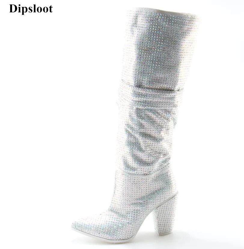 

New Arrivals Woman Luxury Crystal Slip-on Winter Knee High Boots Sexy Pointed Toe Chunky Heels Dress Shoes Woman Knight Boots