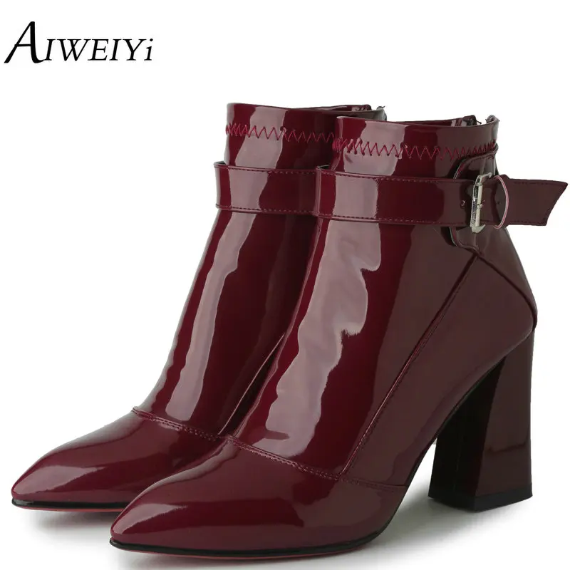 

AIWEIYi Patent Leather Women High Heels Ankle Boots Platform Sexy Fur Warm Winter Boots Footwear Shoes Pointed Toe Short Booties