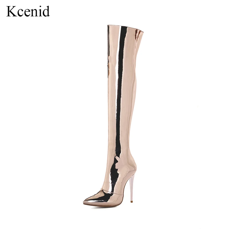 

Kcenid Zip boots over the knee high heels pointed toe shoes mirror patent leather warm winter boots women fashion stiletto pumps