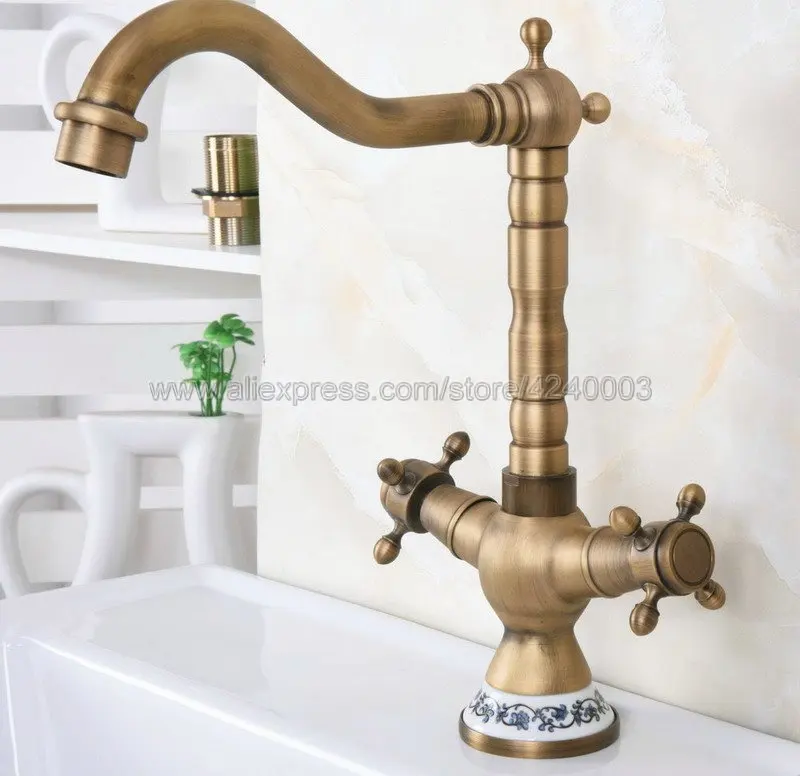 Basin Faucets Antique Bronze Brass Bathroom Sink Faucet 360 Degree Swivel Dual Handle Kitchen Wash basin Mixer Taps Knf602