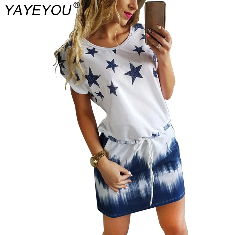 

YAYEYOU New Woman Dress 2017 Summer Round Neck Womens Casual Clothing Star Print Gradient Shift Dresses