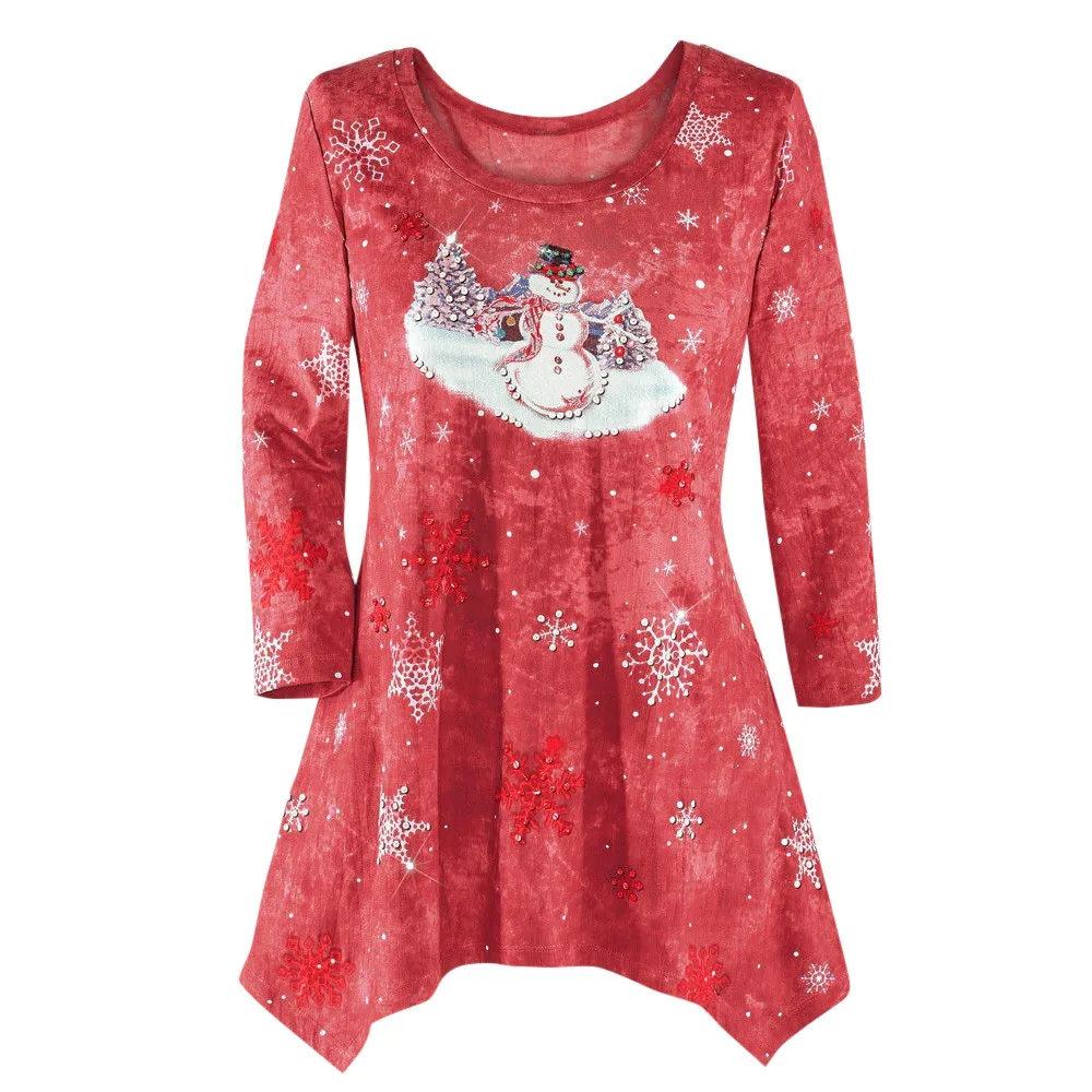 

Women's Winter Festive Waterfall Christmas party Round neck Fit Loose Casual Irregular Hem Tops roupas femininas#3s