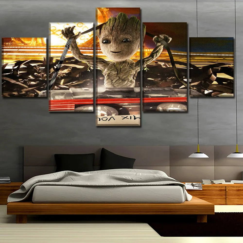 

One Set Modular Picture Decor Frame 5 Panel Baby Groot Painting Movie Guardians Of The Galaxy Vol 2 Poster Wall Art Home Decor