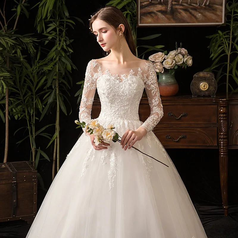Новинка, Элегантное свадебное платье с круглым вырезом и длинным рукавом, кружевное платье с вышивкой, простое свадебное платье на заказ, Vestido De Noiva L