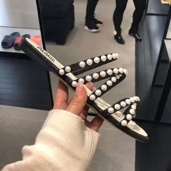 

Kmeioo Beach Shoes Woman Pearl Slides String Bead Slippers Fashion Square Heels Slip-On Outside Shoes Women Zapatos Mujer