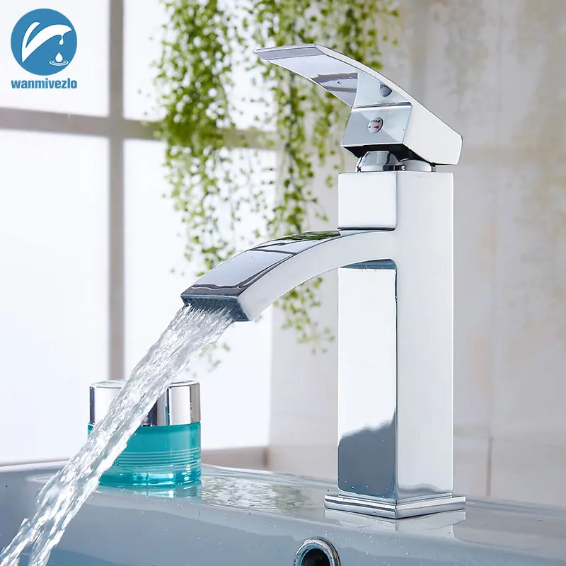 

Chrome Waterfall Bathroom Basin Faucet Deck Mount Brushed Nickel Single Handle Hole Cold Hot Vanity Vessel Sink Mixer Tap