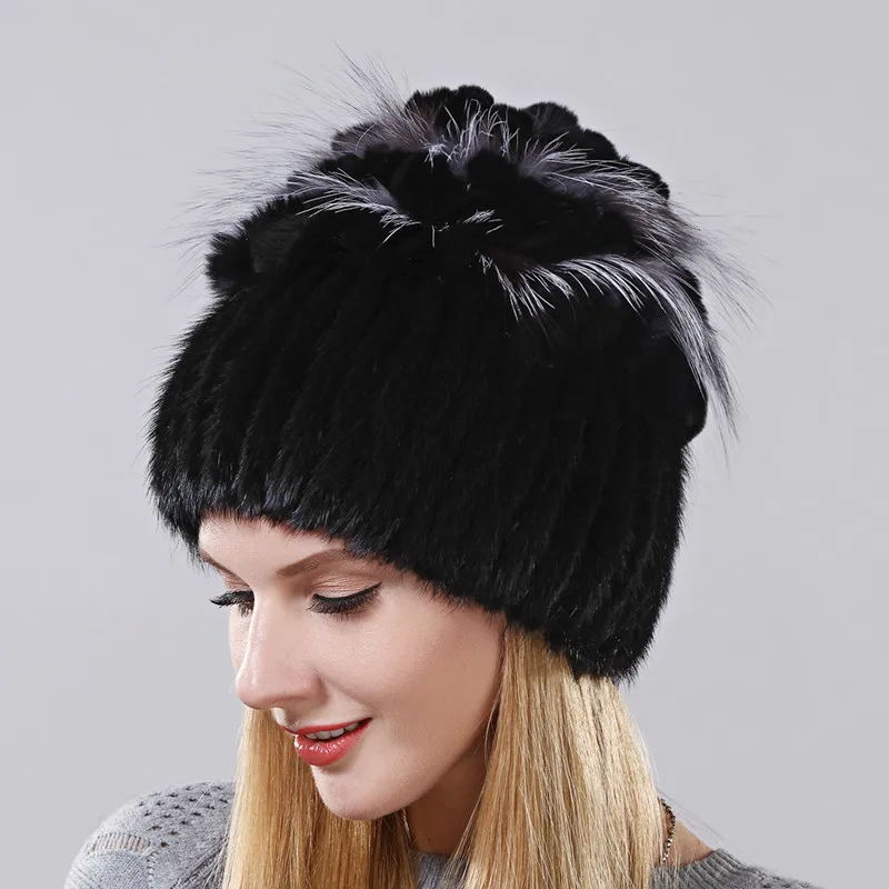 

2017 Rabbit Fur Petal On The Top Mix With Fox Fur Warm And Fashion Ear Warm Cap Winter Natural Imported Mink Fur Hat For Women
