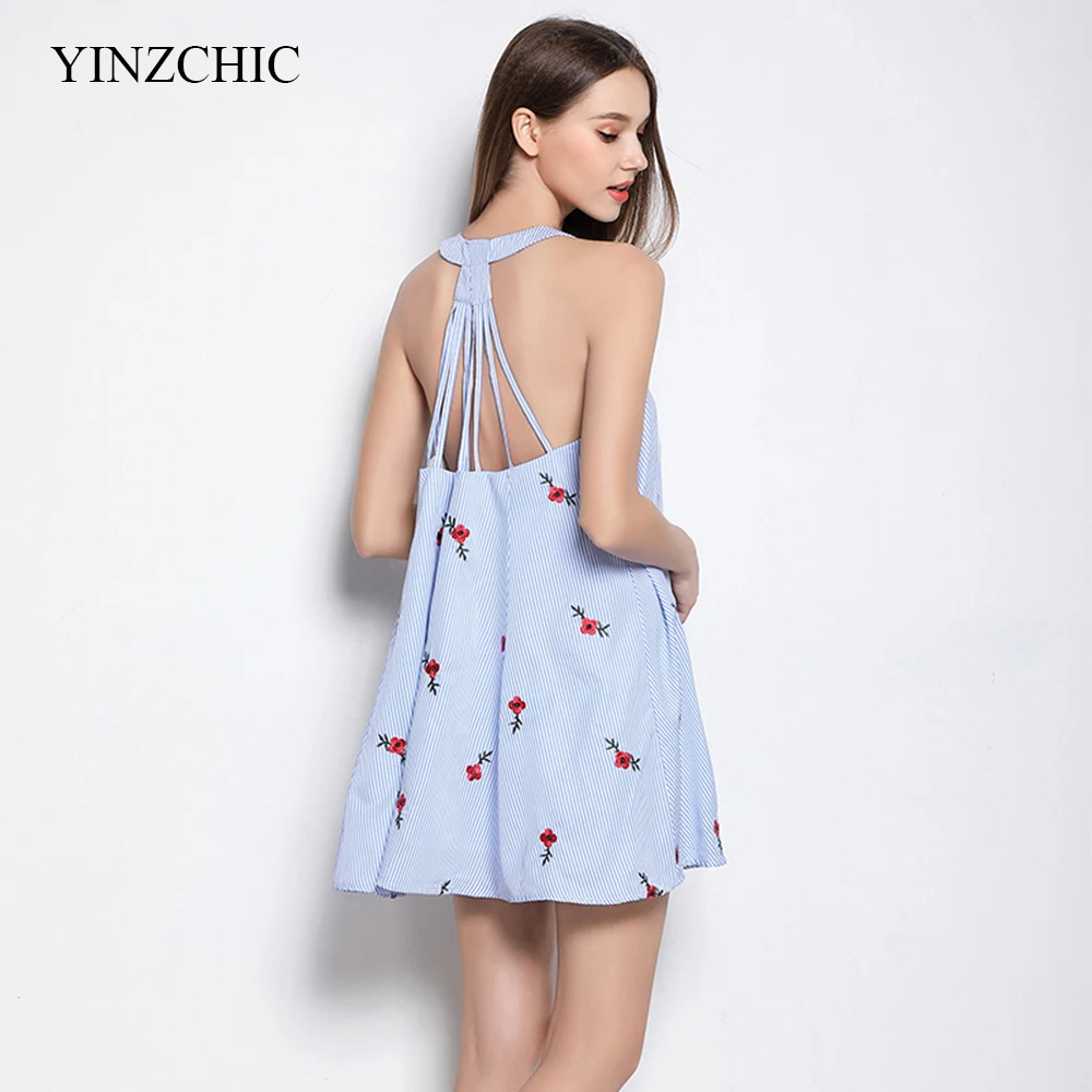 

fashion woman summer halter neck dress sexy half backless loose female casual dress embroieredy striped mini dress OL