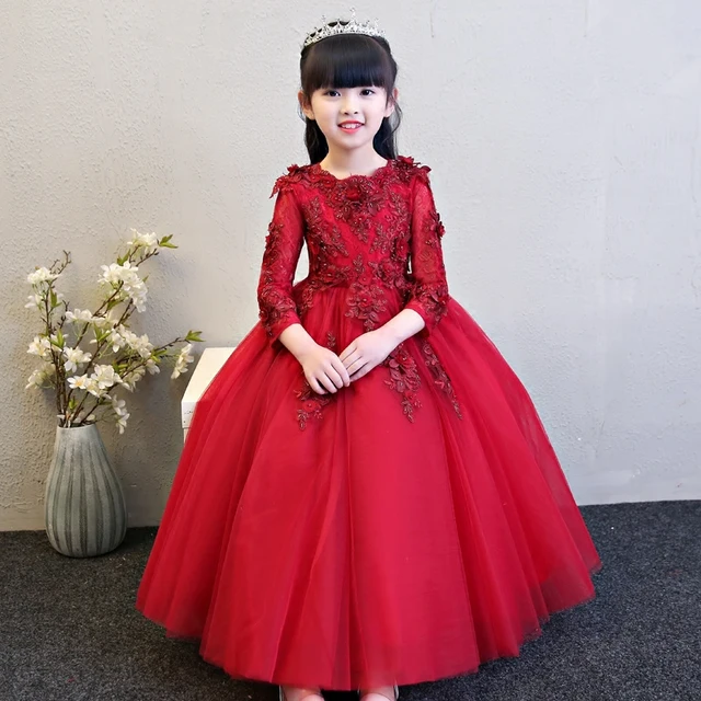 Children Girls luxury Wine red Color Flowers Design ...
