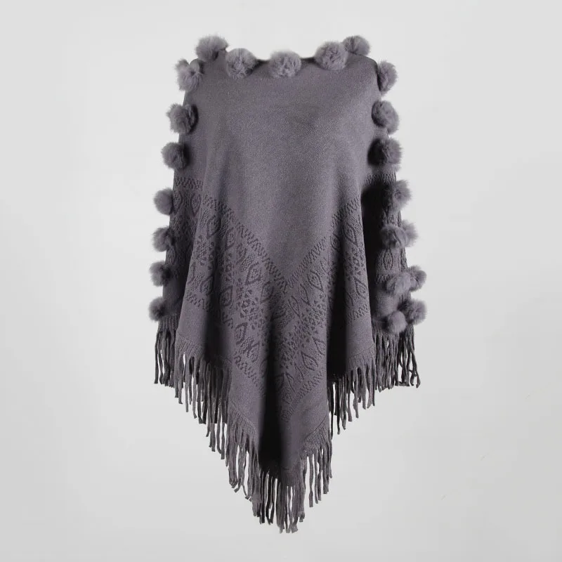 Трикотажное пончо свитер пальто-накидка теплая кисточка шаль Hairball вязанное женское повседневное свободное пончо накидка плащ вязанная шаль - Цвет: Gray