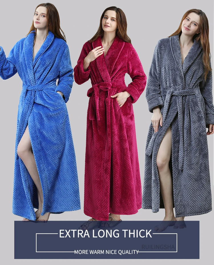 Men Women Winter Extra Long Thicken Grid Flannel Warm Bath Robe Luxury Soft Thermal Bathrobe Mens Dressing Gown Male Sexy Robes