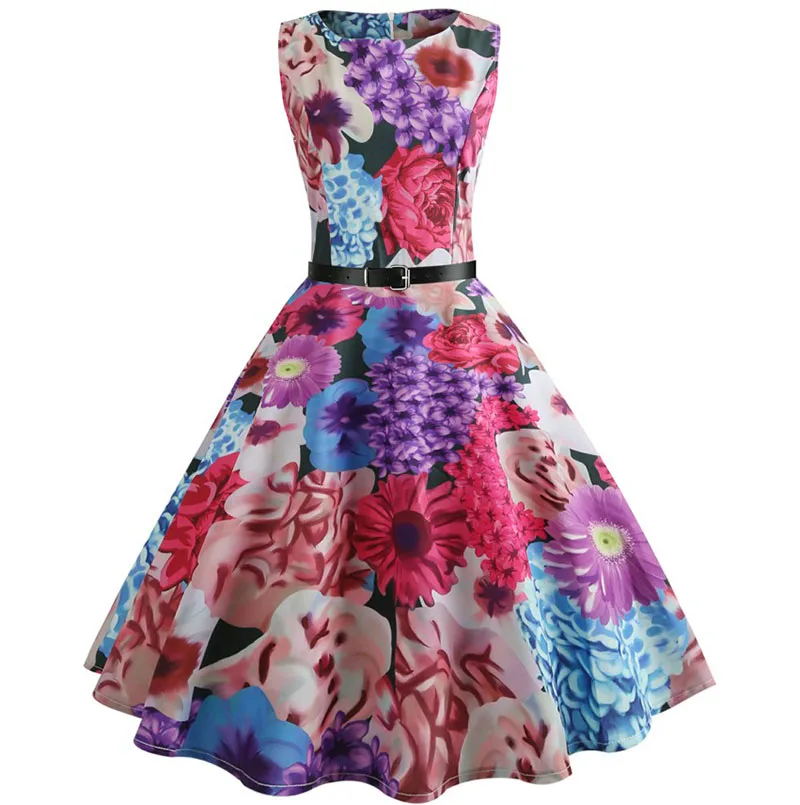 Женское летнее платье с цветочным принтом Хепберн 50s 60s ретро винтажное платье трапециевидной формы для вечеринок с поясом размера плюс - Цвет: 1056 011