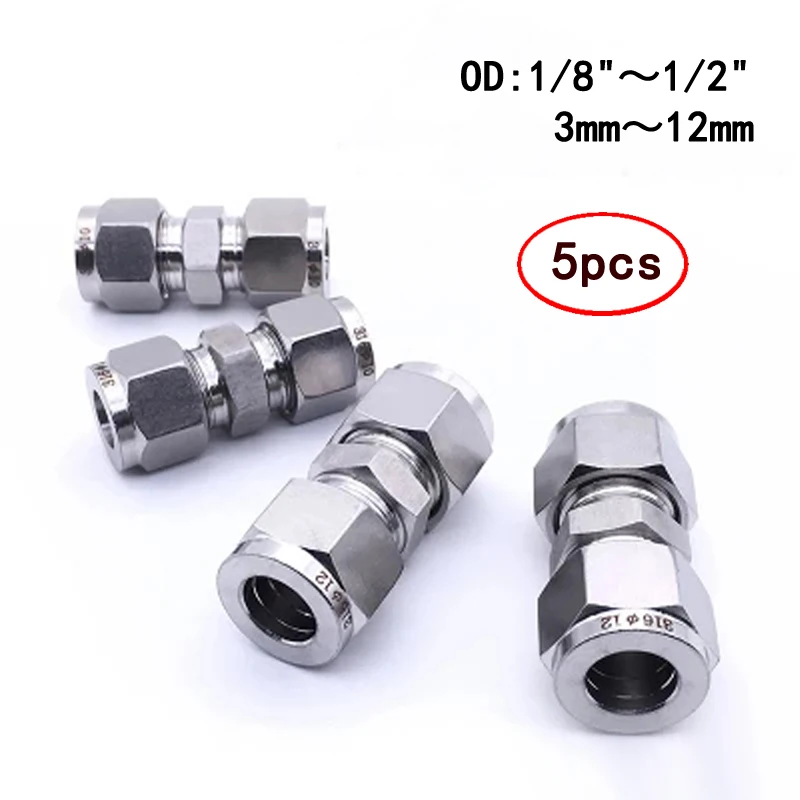 

5Pcs Stainless Steel 304 Double Two Ferrule Tube Fitting Connector 3 4 6 8 10 12mm 1/8" 1/4" 3/8" 1/2" OD Pipe Bite Type Fitting