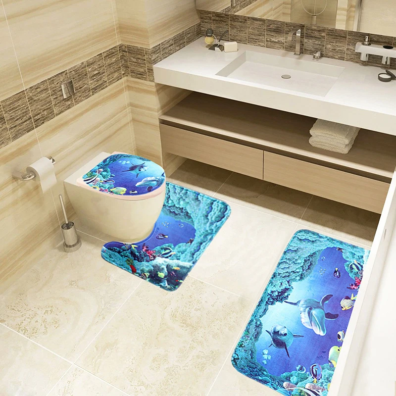 3 Piece Ocean Styles Bathroom Rug Set Bath Mat Contour Toilet Lid Cover 3pcs Set