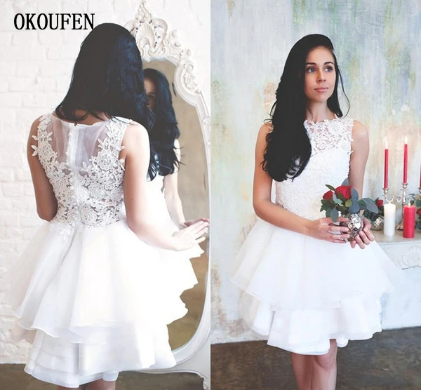 Organza 2017 Wedding Dresses Short Mini Jewel Neck Lace Appliques Flowers Beaded Illusion Button Back Tiered Ruffles Plus Size Bridal Gowns 副本