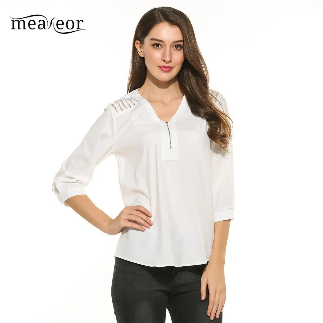 Meaneor Women Blouse Shirts V Neck 3/4 Sleeve Casual With Cut outs On ...