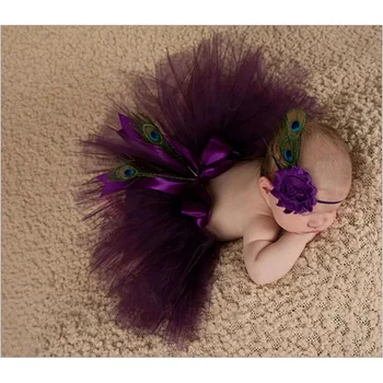 

NEW Baby Tulle Tutu with Matching Peacock feathers Flower Headband Set Newborn Photography Props Little Girl Bow Tutu Skirt