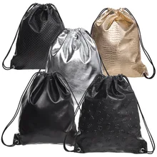 PU Leather Drawstring Bags For Women Soft Geometric Laser Backpacks Travelling Causal School Bags For Teenagers Skull Mochilas