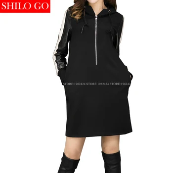 

SHILO GO Fashion Street Women Long Hooded zipper Casual loose Seatshirts Leather sheepskin Genuine dress Ladies Concise Hoodies