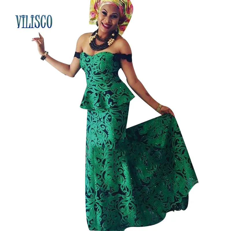 Cheapest Fashion Embroidered African Tops and Skirt Sets with Headtie