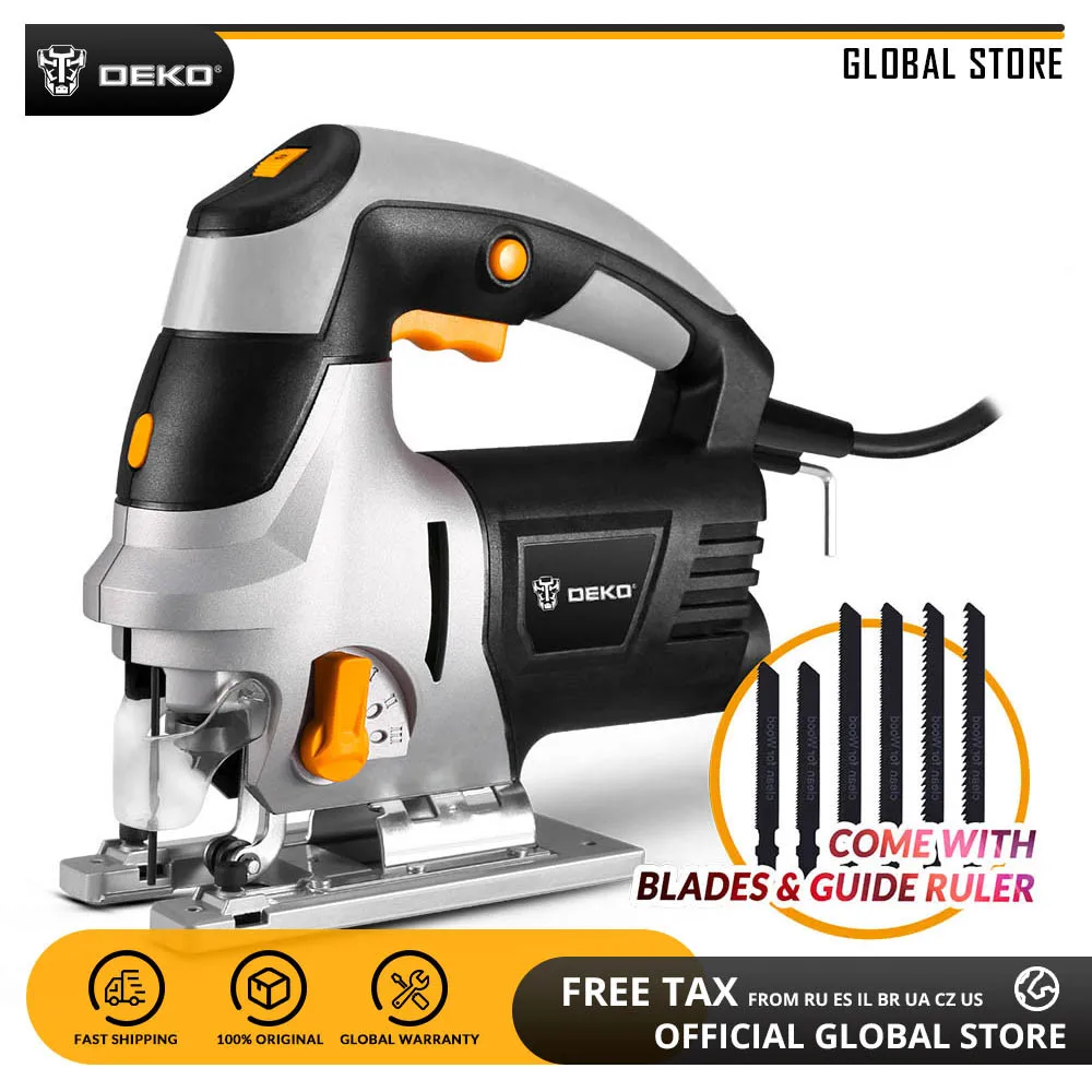 DEKO DKJS80Q1 800W Power Tool 6 Variable Speed Jig Saw with Laser Guide Electric Jigsaw with 6 Pieces Blades, Allen Wrench DEKO DKJS80Q1 800W Power Tool 6 Variable Speed Jig Saw with Laser Guide Electric Jigsaw with 6 Pieces Blades, Allen Wrench
