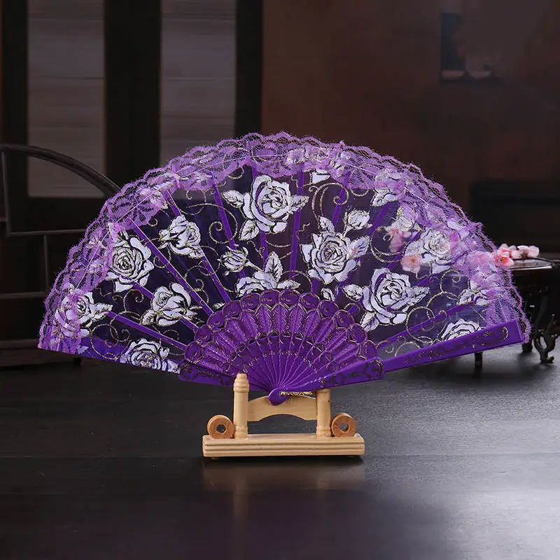 Китайский/Испанский стиль винтажный вентилятор танцевальная Свадебная вечеринка кружева Шелковый складной веер ручной цветок декоративные веера - Цвет: Фиолетовый