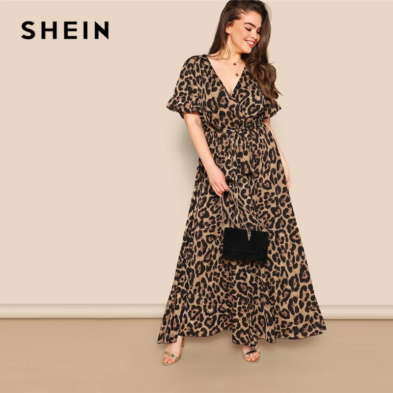 Платье Шеин женское, с рукавами воланами, поясом и леопардовым принтом, весеннее, многоцветное, с высокой талией|Платья|   | АлиЭкспресс - Плюс-сайз платья