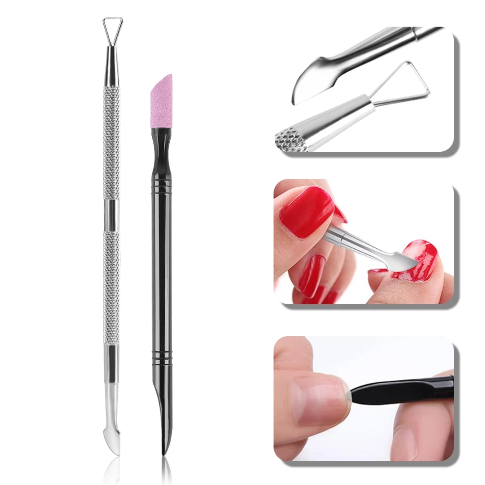 2 Pcs Stainless Steel Dual ended Cuticle Nail Polish Remover Set Quartz