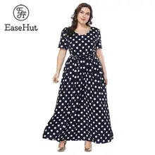 EaseHut XL-7XL размера плюс Макси Платье женское с О-образным вырезом с коротким рукавом с поясом тонкое платье в горошек большие размеры длинные летние платья