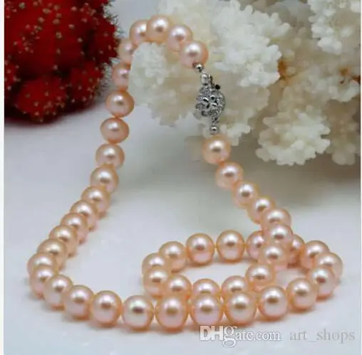 

8-9mm Pink Akoya Cultured Pearl Round Beads Necklace 18">>> free shipping