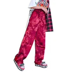 Harajuku брюки для девочек для женщин китайский стиль Феникс Дракон тотем узор Атлас Прямые мотобрюки унисекс хип хоп Нижняя эластичный пояс