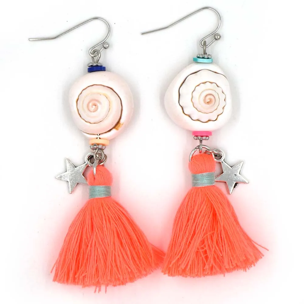 2017 new handmade ethnic dangle earrings with cotton tassel summer sea beach bohemian cowrie shell charm earrings