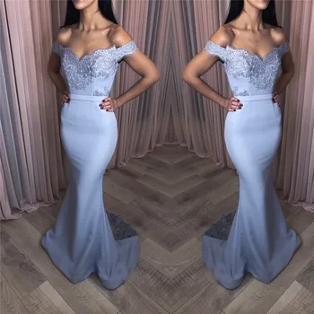 

2019 Mermaid Bridesmaid Dresses With Sexy Off Shoulder Beads Satin Long Party Dress Applique Lace Formal Maid Of Honor For Women