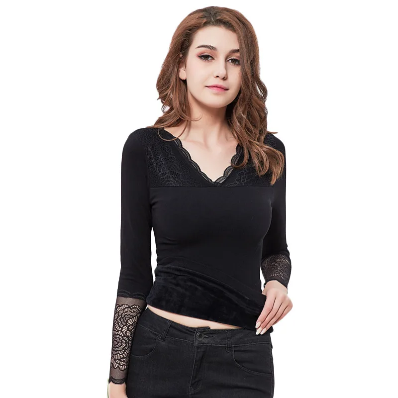 

Thermal Undershirt Women Winter Warm Shirts Sexy Long Sleeve Lace V-Neck Office Lady Underwear Top Thermo Kleding Dames