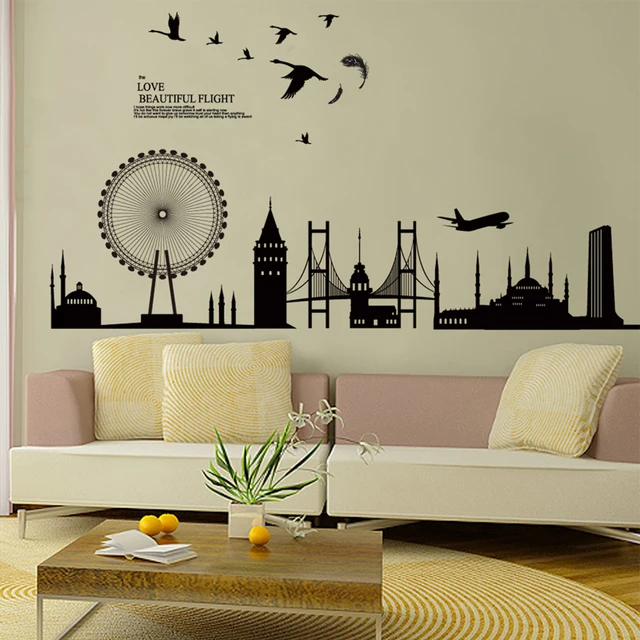 black city scene buildings birds wall decal home sticker paper art