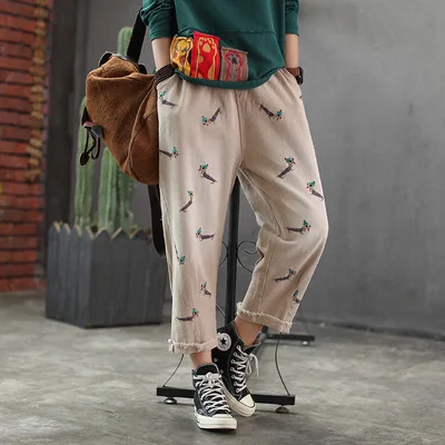 

Spring Pants Retro Loose Women Elastic Waist Trousers New Ladies Casual Embroidery pocket Spliced Streetwear Pants 2019