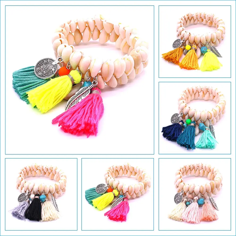 

Onlyee Shell Bracelet Bohemian Style Double Row Shell Bracelet Fashion Mixed Fringe Natural Shell Bracelets for Women Jewelry